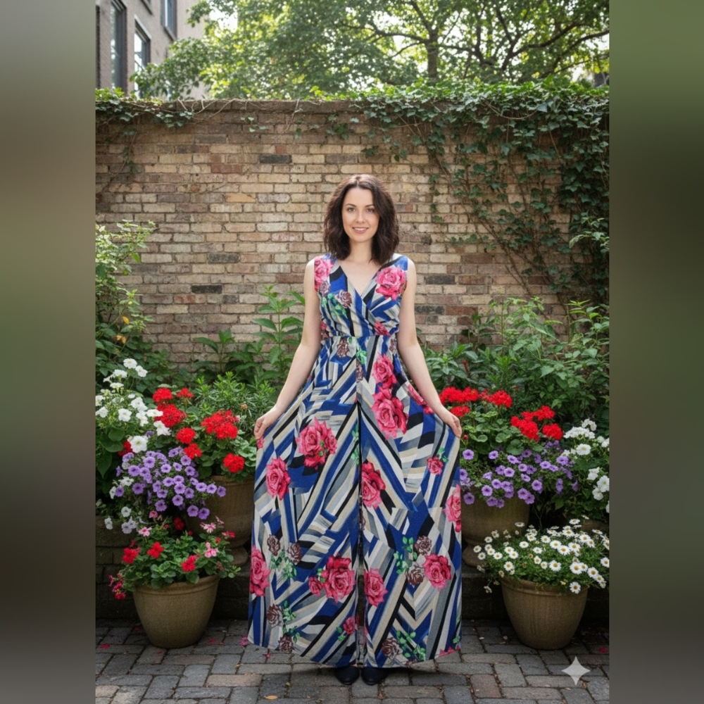 Blue Leopard Elegant Floral and Striped Jumpsuit